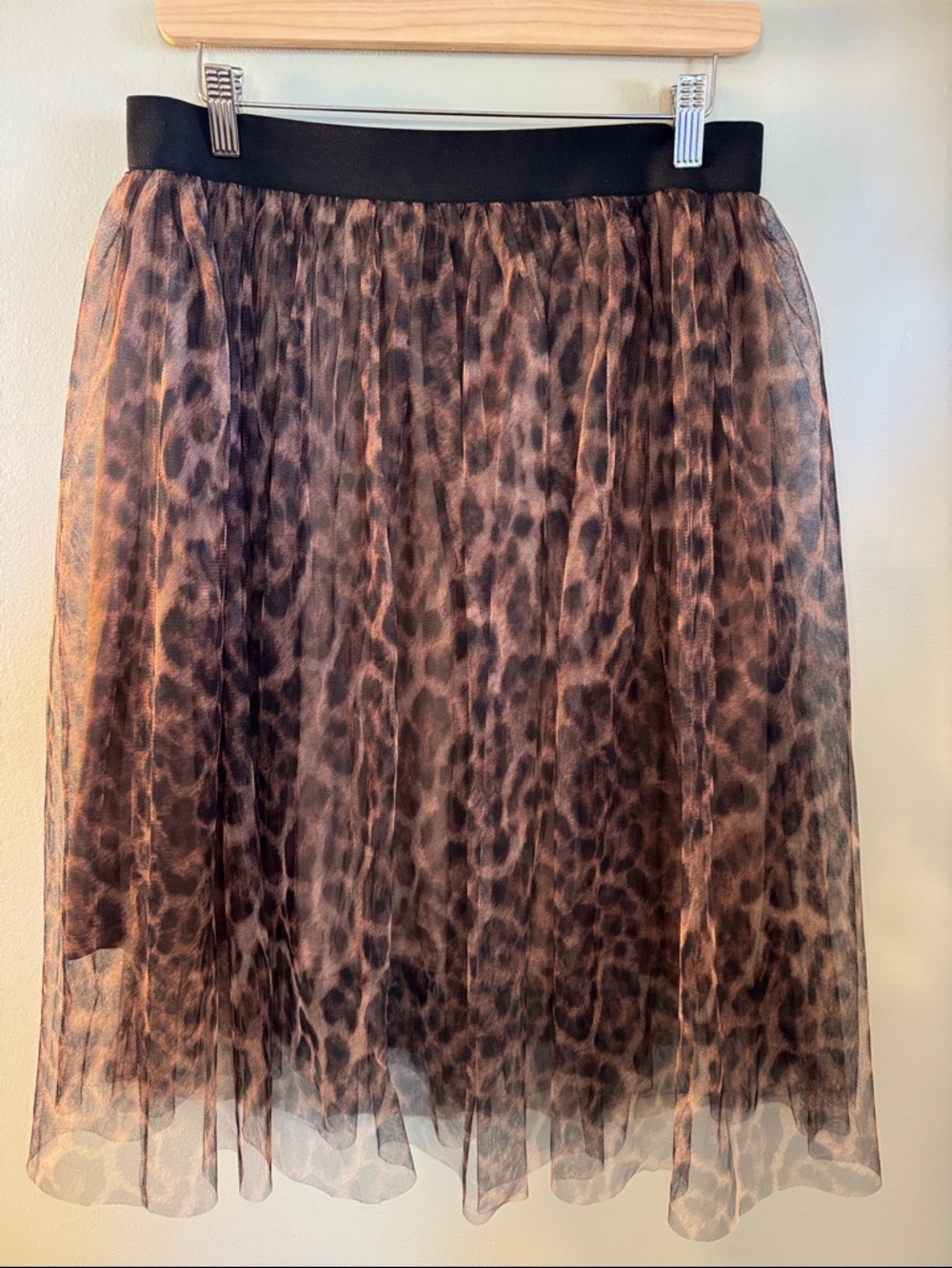 EESOME Women's Tulle Skirt Brown & Black Leopard Black Waistband LARGE